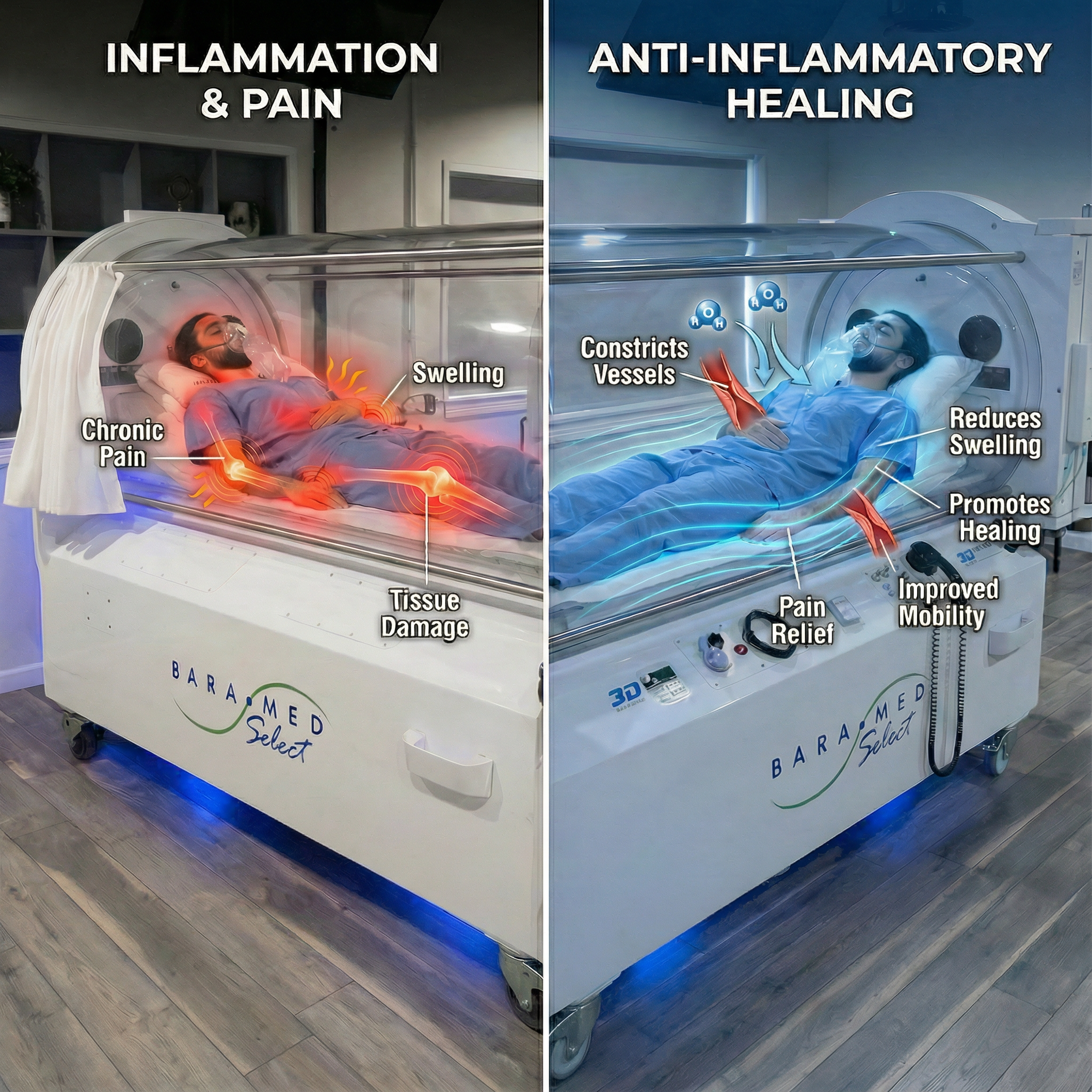 Person experiencing joint relief and mobility in an hypberbaric oxygen therapy chamber at ART Hyperbarics Center