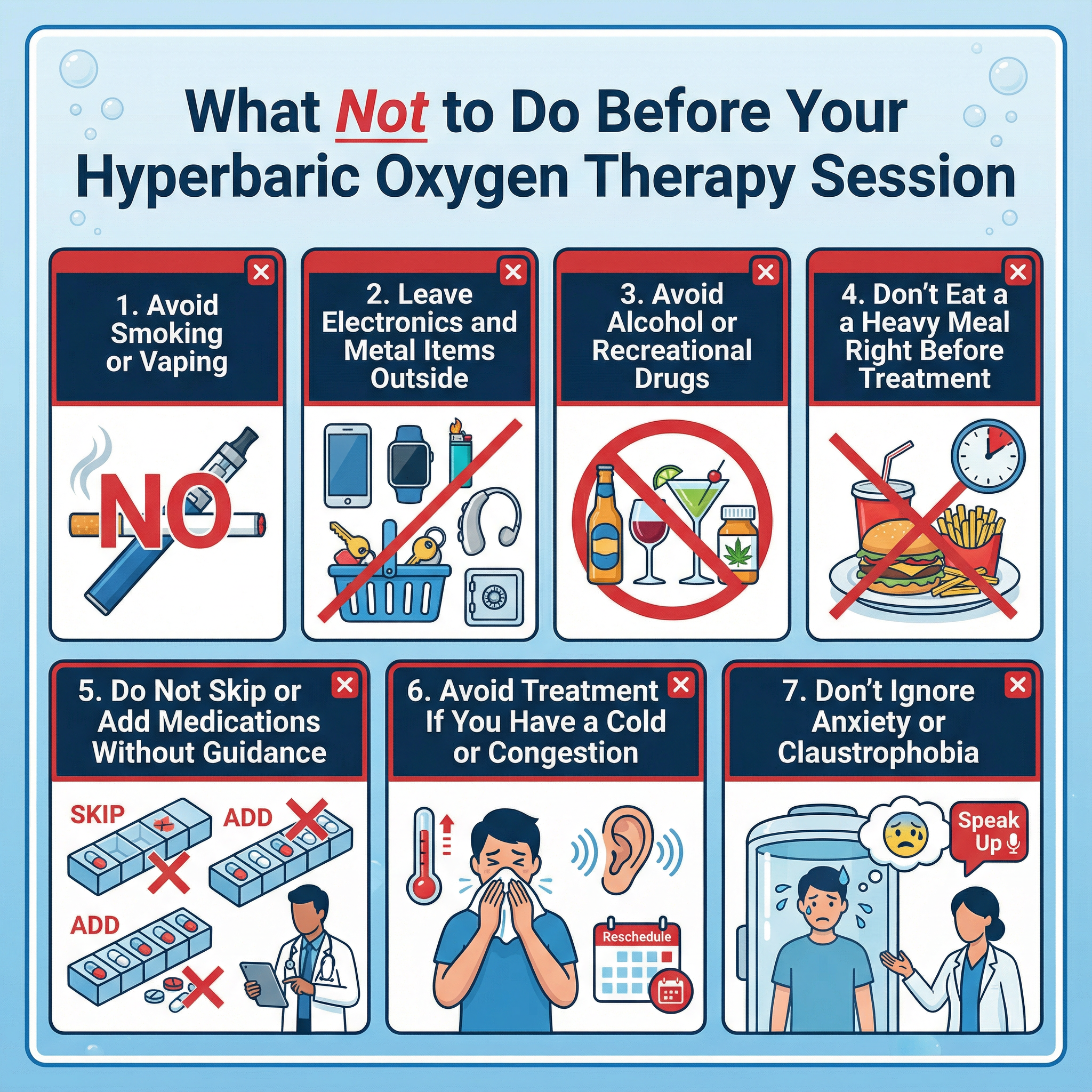 Graphic illustrating the 7 safety precautions for HBOT